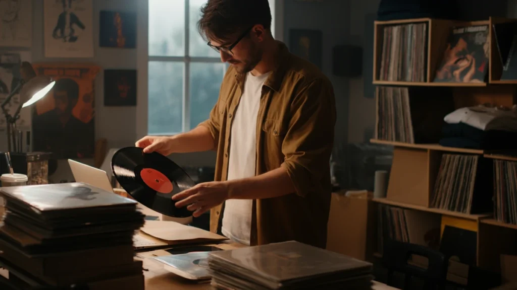 An indie musician in a home studio packing a vinyl record into a shipping box, with merchandise stacked nearby.