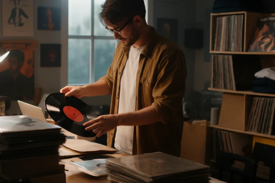 An indie musician in a home studio packing a vinyl record into a shipping box, with merchandise stacked nearby.