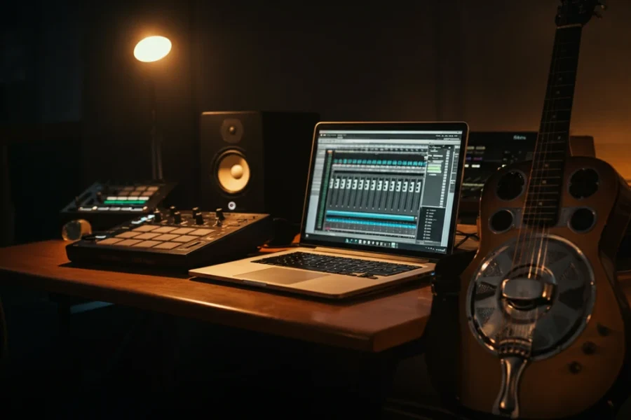 A resonator slide guitar leans against a desk with a laptop and a drum machine in a dimly lit recording studio.