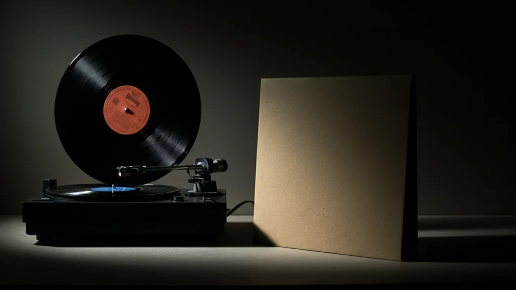 A black recycled vinyl record spinning on a turntable, with its recycled paper sleeve sitting beside it under moody lighting.
