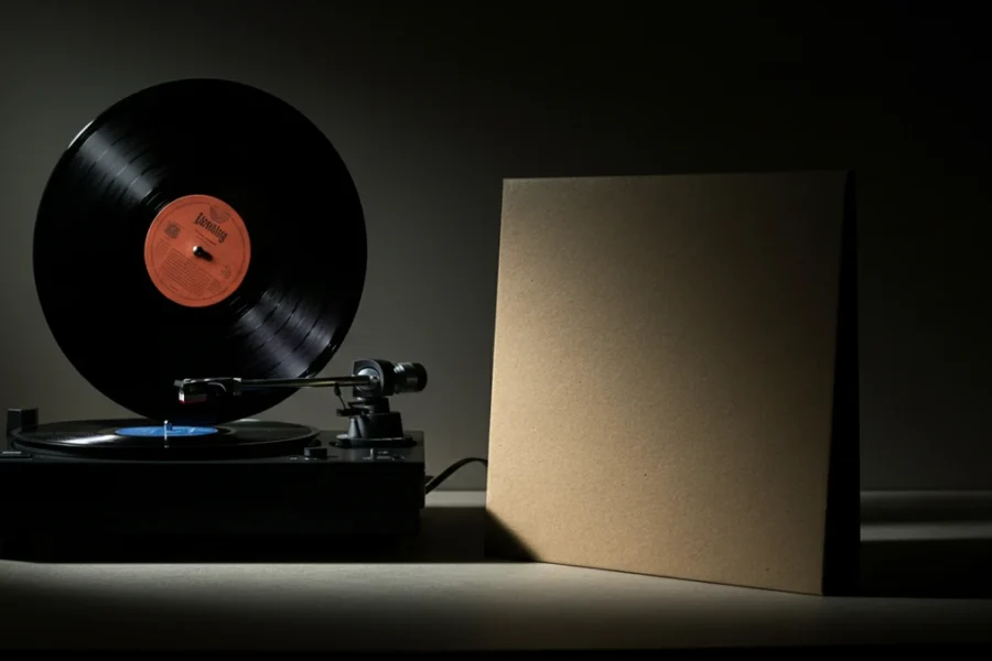 A black recycled vinyl record spinning on a turntable, with its recycled paper sleeve sitting beside it under moody lighting.