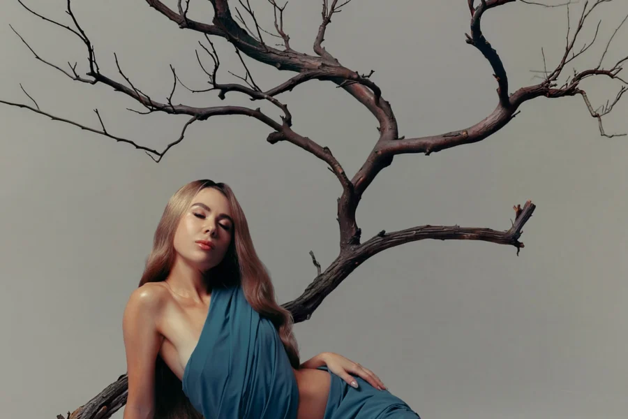 WHIPPED CREAM in a blue-dress studio portrait beside a bare tree, from her HOME WAS ALWAYS ME press shoot