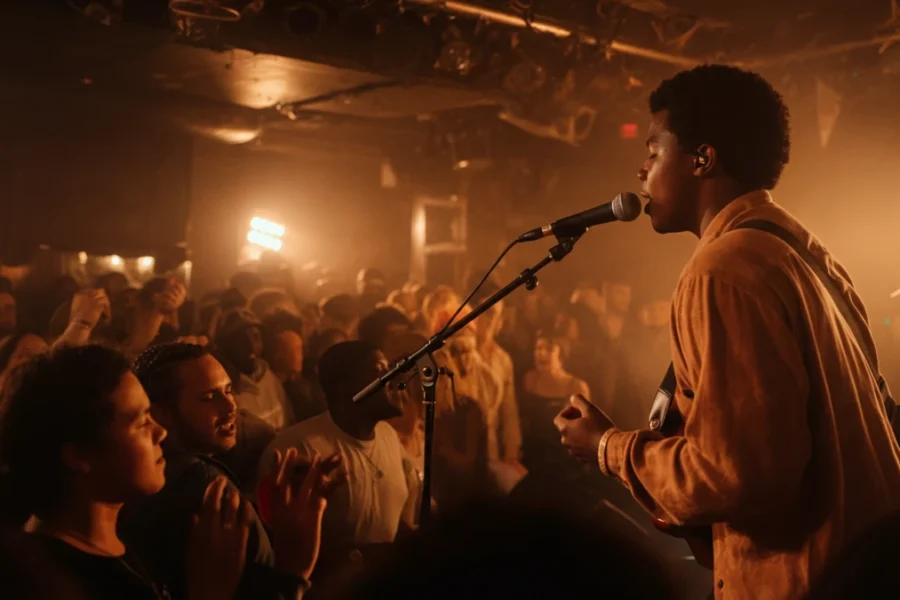 A young Black musician performing Afro music on a low stage for an energetic crowd in a small, intimate venue.
