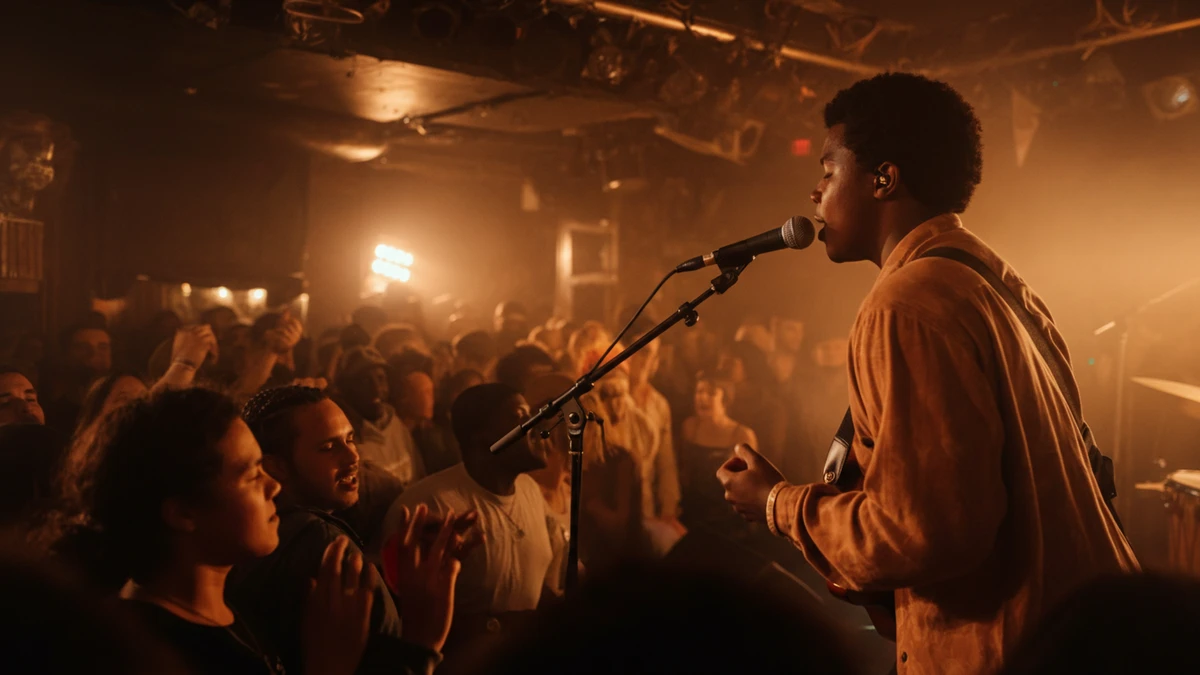 A young Black musician performing Afro music on a low stage for an energetic crowd in a small, intimate venue.