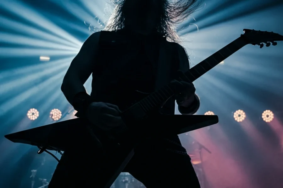 Heavy metal guitarist silhouette performing on a smoky, backlit concert stage